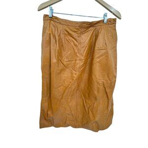 Vintage Harvé Benard Camel Leather Skirt Womens L Side Zipper Pockets Mid Length